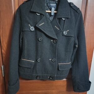American Eagle Black Double-Breasted Wool Blend Peacoat Jacket